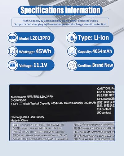 45Wh L20L3PF0 L20M3PF0 Battery Replacement for Lenovo Ideapad 3-14ITL6 3-15ITL6 3-17ITL6 3-14ALC6 3-15ALC6 3-17ALC6 3-14ABA7 S14 G2-ITL G3-IAP V14 G2 G3 Serie 5B10W67402 5B10T83739 -11.1V 4054mAh - size: 11.8*2.59*0.19 IN L20L3PF0