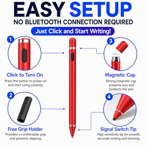 Stylus Pen Pencil 1st Generation Gen Replacement for Apple iPad Pro 1st Gen, iPad 1/2/3/4/5, iPad Mini 1/2/3/4, iPad Air 1/2, Android Tablets, Capacitive Touch Screen + Free Silicone Grip Holder (Red) - color: Red