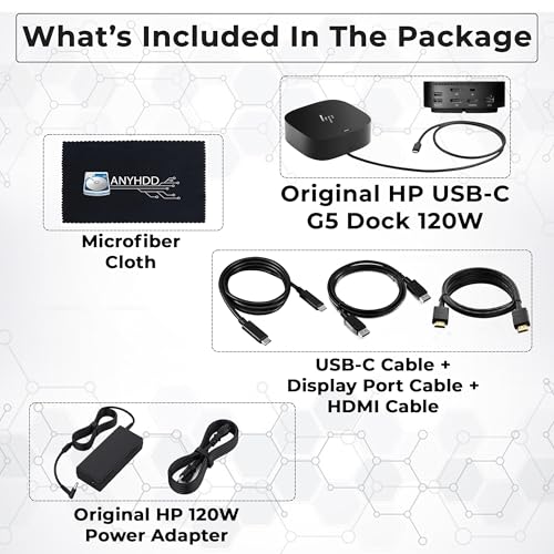 HP Docking Station for Laptop Dual Monitor and Charging Bundle - HP USB-C G5 Dock 5TW10AA / 5TW10UT / 5TW10AA#ABB with 120W Adapter, HDMI, DisplayPort, USB-C Cables & Microfiber Cleaning Cloth - style: HP 5TW10AA#ABB New