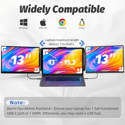 KOJOM 2K Laptop Screen Extender - 13" IPS 1440P Triple Screen Laptop Monitor Extender Plug & Play Multi Screen Attachment for 13"-17" Laptops Compatible with Wins Mac Dex Chrome Travel Gaming Work