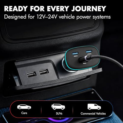 PD 95W Superfast Charging 2.0 Wozoyo Car Charger, with 2XType C & USB-A, PPS & QC 3.0, Triple Port (65W + 30W + 18W), 12V–24V Compatible, Multi-Layer Protection, 2-Years Manufacturer Warranty