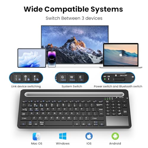 Silent Keyboard with Touchpad, Wireless Bluetooth Multi-Device | 3-in-1 Bluetooth 2.4G USB Wired, Rechargeable with Silicone Stand for PC Mac iPad Phone, Black