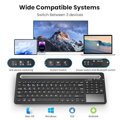 Silent Keyboard with Touchpad, Wireless Bluetooth Multi-Device | 3-in-1 Bluetooth 2.4G USB Wired, Rechargeable with Silicone Stand for PC Mac iPad Phone, Black