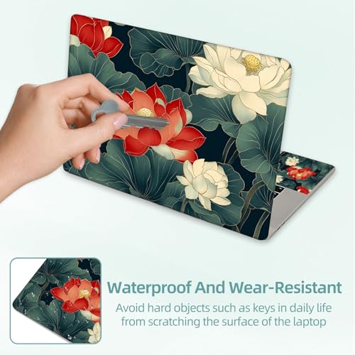 Universal Laptop Skin Decal, 3-Piece Vinyl Protector for 12 13 14 15.6" Notebook, Waterproof Anti-Scratch, Easy Trim & Bubble-Free Finish, Red and White Lotus Flowers - color: Red and White Lotus Flowers