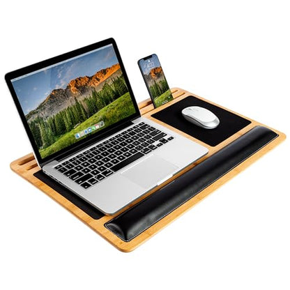 LAPGEAR Bamboo Pro Lap Board with Wrist Rest, Mouse Pad, and Phone Holder - Natural - Fits up to 17.3 Inch Laptops and Most Tablets - Style No. 77101