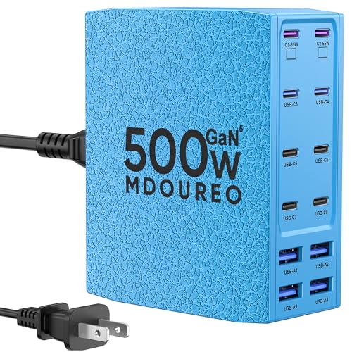 500W USB C Charger Block, 12-Port USB C Charging Station for Multiple Devices, Leather Texture Dual PD 65W Laptop Fast Charger Compatible with MacBook Pro/Air, iPad, iPhone,Galaxy and More,Blue - color: Blue