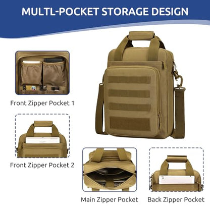 Tactical Messenger Bag, Laptop Briefcase MOLLE Shoulder Pack Handbag | Heavy Duty, Adjustable Strap, Water-resistan, Fit 14inch Tablet, Satchel Work Bag, for Outdoor, Hiking, Travel - color: Coyote