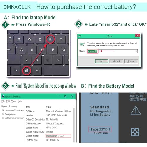DMKAOLLK 56WH 33YDH Laptop Battery for Dell Inspiron 17 7000 7778 7779 7786 7773 15 7577 G3 3579 3779 G5 5587 G7 7588 Latitude 13 3380 14 3490 15 3590 3580 PVHT1 P30E 81PF3 081PF3 12 Months Warranty - size: 9.5*4.12*0.38inch