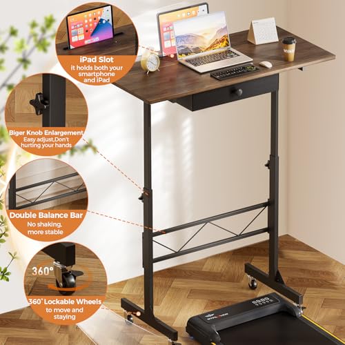 GTPLAYER Small Standing Desk Adjustable Height Small Computer Desk Mobile Portable Rolling Laptop Table with Wheels 32" Computer Workstation Sit Stand Desks Portable Standing Table Treadmill desks - color: Brown