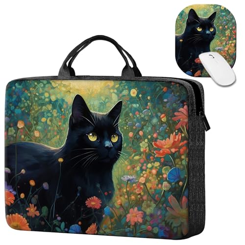Laptop Sleeve Case 15 inch Plus Cute Mousepad, Black Cat Florals Slim Carrying Case Durable Handbag Protective Travel Laptop Bag for 13-15 inch Tablet,Laptop, Ultrabook Notebook - color: Black Cat Florals, size: 15 Inch