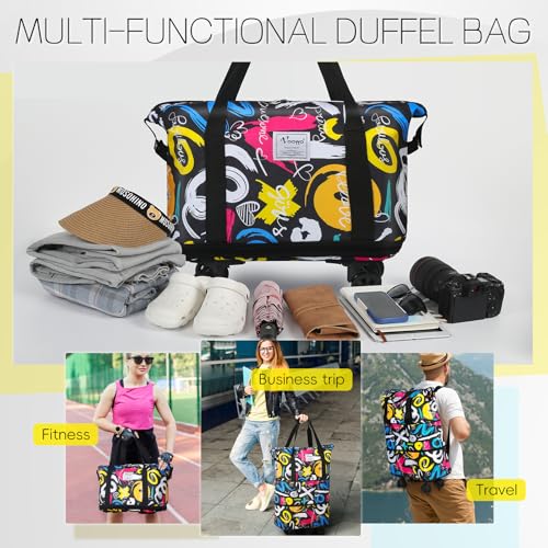VOOWO Duffel Bag with Wheels - Rolling Foldable Expandable Duffle Bag with Wheels for Travel, Rolling Luggage Carry On Bag with Wheels, Large Rolling Backpack Weekend Bags for Men Women (Black) - color: Graffiti
