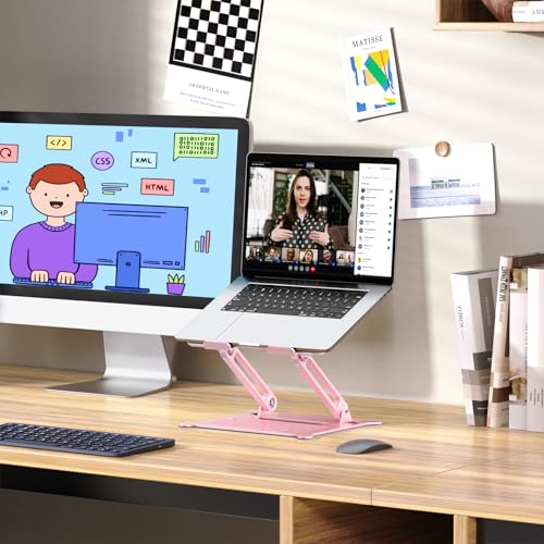 Adjustable Laptop Stand for Desk, 10-15.6“ Laptop Riser, Pink | Sturdy Aluminum Foldable Stand, Heat-Dissipation Design, Ergonomic Holder Fits MacBook/Dell/HP/Lenovo for Home/Office. - color: C-Pink