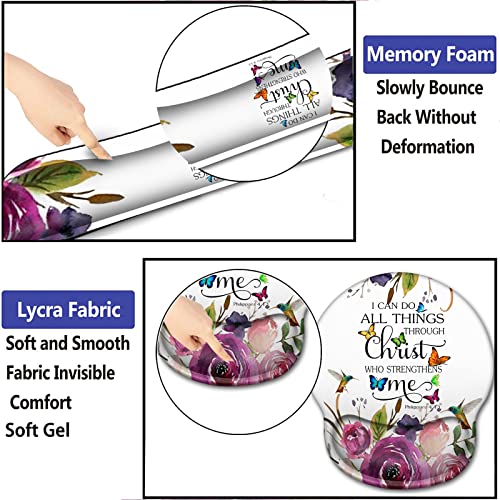 Gel Mouse Pad and Ergonomic Large Keyboard Wrist Rest Support Memory Foam, for Gaming/Working Desk Pad with Non-Slip PU Base, Philippians 4-13 Purple Flower White Wireless Mousepads for Women