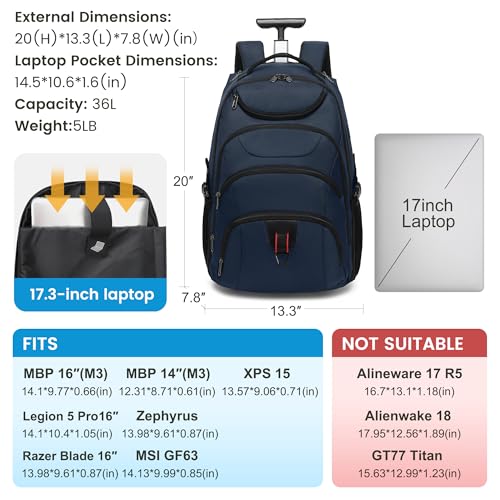 Boavan Rolling Backpack,17 inch Water Resistant Wheeled Backpack,Carry on Luggage Business Bag, Overnight College Computer bag Trolley Suitcase for Men Women Adults to Travel，Black - color: Navy, size: 17.3 inches