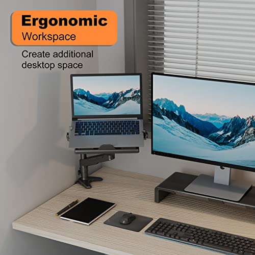 Klearlook 2in1 Laptop Stand - Full Motion Monitor Mount with Adjustable Tray & Extension Arm, VESA Plate 75x75/100x100mm, Clamp & Grommet Mounting