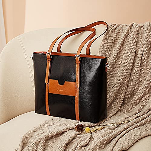 BOSTANTEN Genuine Leather Laptop Bag for Women 15.6'' Briefcase Tote Bags | Laptop Compartment, Structured, Professional, Detachable & Adjustable Shoulder Strap, Metal Feet, Work, Office, Business - color: D-black&brown