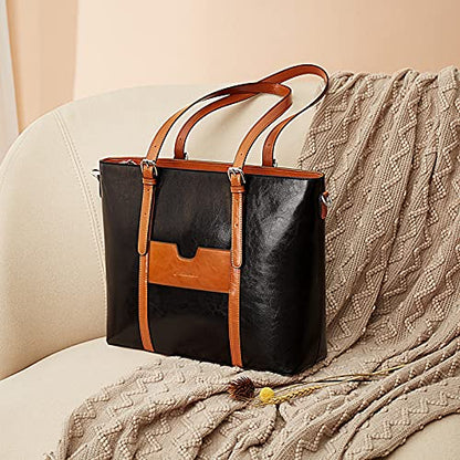 BOSTANTEN Genuine Leather Laptop Bag for Women 15.6'' Briefcase Tote Bags | Laptop Compartment, Structured, Professional, Detachable & Adjustable Shoulder Strap, Metal Feet, Work, Office, Business - color: D-black&brown