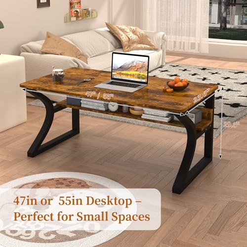 55'' Computer Desk Home Office Desk, Modern Computer Desk w/U Shaped Metal Frame, Storage Shelves, PC Table Study Writing Desk Workstation for Home Office (55inch/Brown) - size: 55inch/Brown
