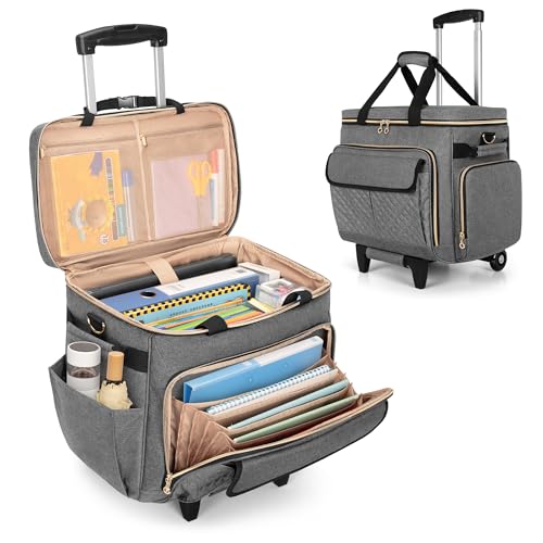 LUXJA Rolling Teacher Bag with Laptop Compartment and Detachable Dolly, Multifunctional Rolling Briefcase with Accordion File Area (Patented), Gray - color: Gray