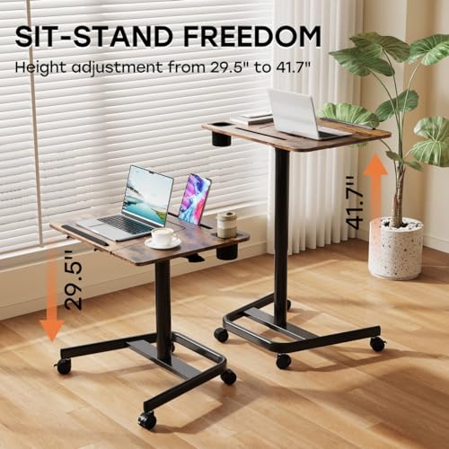JOY worker Mobile Sit Stand Desk, 60° Tiltable Portable Desk, Rustic Brown | Pneumatic Height Adjustable Cart, Rolling Sit Stand Desk with Wheels & Cup Holder for Office Home School, Holds Up to 22lbs - color: Rustic Brown