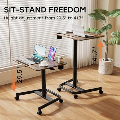 JOY worker Mobile Sit Stand Desk, 60° Tiltable Portable Desk, Rustic Brown | Pneumatic Height Adjustable Cart, Rolling Sit Stand Desk with Wheels & Cup Holder for Office Home School, Holds Up to 22lbs - color: Rustic Brown