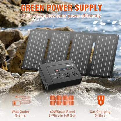 powkey 200W Portable Power Bank with Solar Panel 40W, 146Wh Power Station | Power Bank with AC Outlet 120V, High Eifficiency Waterproof Solar Panel Kit with Battery Bank for Outdoor Camping Home Backup - color: Black Grey