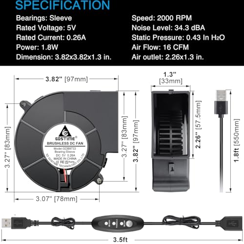 GDSTIME 97mm USB Blower Fan with 3 Speeds Control, 5V Powered 9733 DC Brushless Squirrel Cage Blowers Centrifugal Cooling Fans - size: 97mm x 33mm
