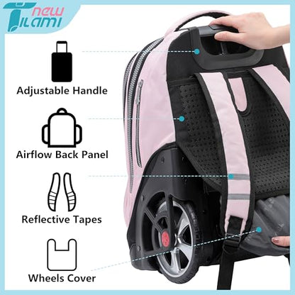 NEW TILAMI 19 inch Rolling Backpack Teens Rolling Backpack Cute Wheeled Laptop Backpack Bookbag Roller Travel Bag College, Flower Fairy (No USB interface) - color: Pink Flower Fairy