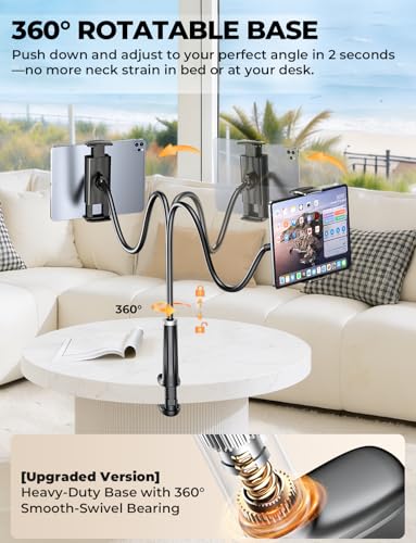 42" Long Arm Tablet Holder for Bed with 360° Rotating Base: Flexible Gooseneck Stand Compatible with iPad Pro Air Mini | Kindle | Switch & Other 4–13" Devices - color: Black