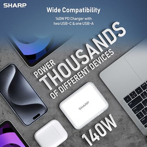 Sharp 140W USB C Charger, Compact Foldable GaN Fast Charge 3-Port (2 USB-C, 1 USB-A) Wall Charger for MacBook Pro/Air, iPad Pro, iPhone 15, Galaxy S22/S21, Dell XPS, White - color: White