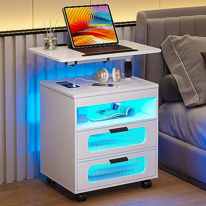 HNEBC Nightstand with Wireless Charging Station, LED Nightstand Has Adjustable Rotary Workstation,Smart Night Stand with 2 Drawers,Modern Bedside Table for Bedroom, Sensor Light/Wheel (White) - color: 9603-1-white