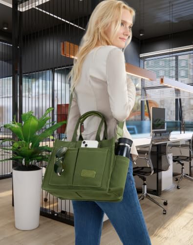 Canvas Tote Bag for Women,Women's Bags Crossbody Bags Work Laptop Tote Bag Large Handbags Purse for Travel Nurse Teacher - color: New Upgrade Army Green With Compartments and Side Cup Holders