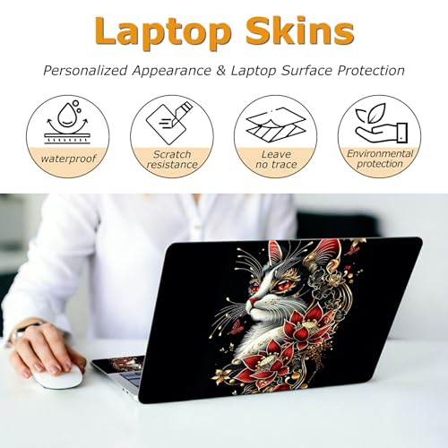 Universal Laptop Skin Sticker with 2 Wrist Pad Decals, 3-Piece Removable Vinyl Laptop Cover, Red Flower Cat Waterproof Anti-Scratch, Easy-Trim Fit for 13.3" 14" 15.6" Laptops - color: Red Flower Cat