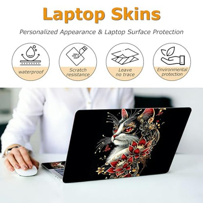 Universal Laptop Skin Sticker with 2 Wrist Pad Decals, 3-Piece Removable Vinyl Laptop Cover, Red Flower Cat Waterproof Anti-Scratch, Easy-Trim Fit for 13.3" 14" 15.6" Laptops - color: Red Flower Cat
