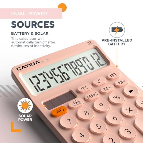 CATIGA 12 Digit Desktop Calculator Basic Desk Calculator with Large LCD Display, Big Buttons, 4 Function, Solar and Battery Dual Power, for Office, School, Home, SD-1292 Pink - color: 3) Pink