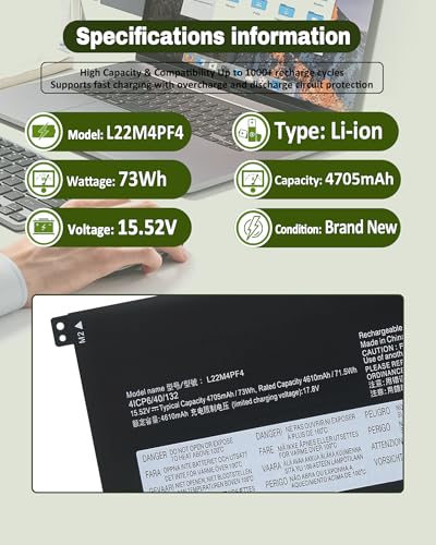 73Wh L22M4PF4 L22C4PF4 L22D4PF4 Battery Compatible with Lenovo Yoga Pro 7-14IRH8 7-14APH8 7-14ARP8 7-14IMH9 / Slim Pro 7-14APH8 7-14ARP8 Series－4705mAh 15.52V（Short Cable） - size: 11.17*3.25*0.22 IN L22C4PF4