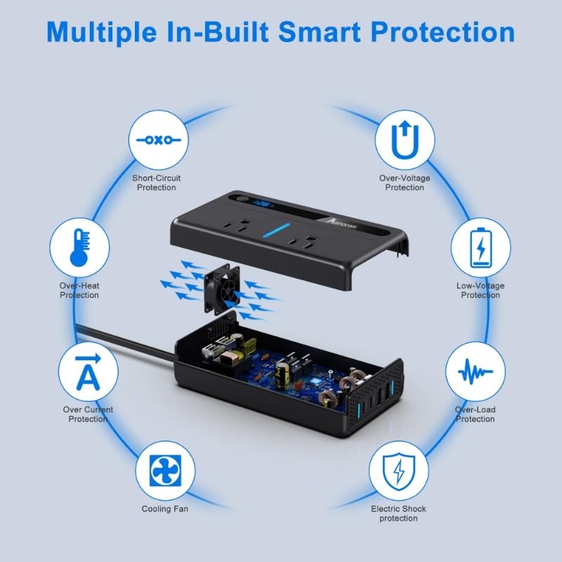 300W Continuous Inverter – 110V 12V/24V Input with 2 US Outlets 4 USB & Built-in 12V DC in Plug – 7-Port for Cars Vans RVs – Powers Laptops & Small Appliances