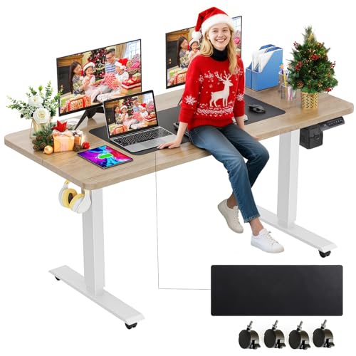 farexon Electric Standing Desk Adjustable Height, 55 x 24 Inch Stand up Desk with Large Mouse Pad, Rolling Wheels & Foot Pad,27''-46'' Lifting Range Home Office Computer Desk(Oak Gray) - color: Oak Grey, size: 55 x 24''