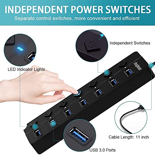 USB 3.0 Splitter with 5V/2A Power Adapter, 7-Port USB 3.0 Hub with Individual Power Switches and Lights, Portable Expansion Data Hub with 120cm Cable for Windows, Vista, XP, Linux, Mac OS X