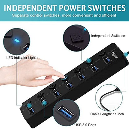 USB 3.0 Splitter with 5V/2A Power Adapter, 7-Port USB 3.0 Hub with Individual Power Switches and Lights, Portable Expansion Data Hub with 120cm Cable for Windows, Vista, XP, Linux, Mac OS X