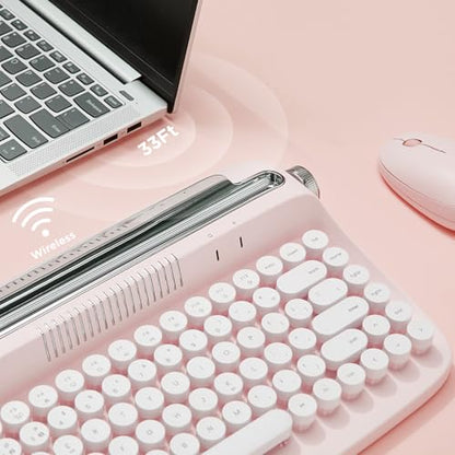 YUNZII ACTTO B303 Wireless Typewriter Keyboard, Bluetooth Connection, Cute Retro Aesthetic Design with Integrated Stand for Tablet, Phone, PC and Win/Mac/Android(B303, Baby Pink) - style: Baby Pink