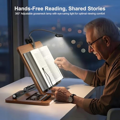 OPTIXCELL Book Stand with Light, Hands Free Book Holder, Gifts Book Lovers | Hands Free, Adjustable Height Angle, Built-in Storage Tray, 3-Mode Reading Light, Foldable Metal Frame, Fits Cookbook Tablet - style: Book Stand (Light)