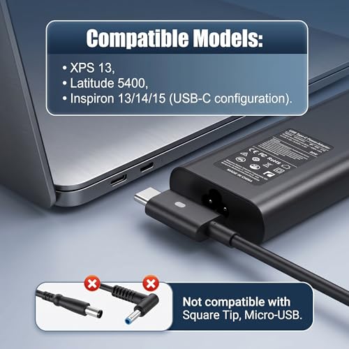 90W USB C Laptop Charger Compatible with Dell XPS 13 9365/9360/ 9370/7390/ 9300/9310/ 9320; Latitude 5400/5410/ 7300/7310/ 7400/7410; Inspiron 13/14/15 Type-C PD Fast Power Adapter