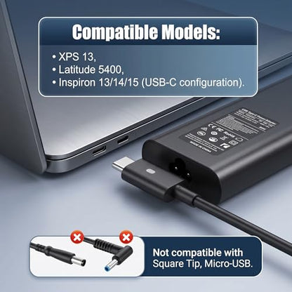 90W USB C Laptop Charger Compatible with Dell XPS 13 9365/9360/ 9370/7390/ 9300/9310/ 9320; Latitude 5400/5410/ 7300/7310/ 7400/7410; Inspiron 13/14/15 Type-C PD Fast Power Adapter