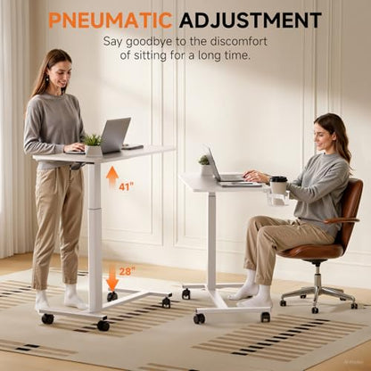 COMHOMA Adjustable Overbed Bedside Table with Lockable Wheels, Pneumatic Mobile Standing Laptop Desk, Small Portable Rolling Overbed Table Hospital Home Use(32" W x 18" D, White) - color: White, size: Large