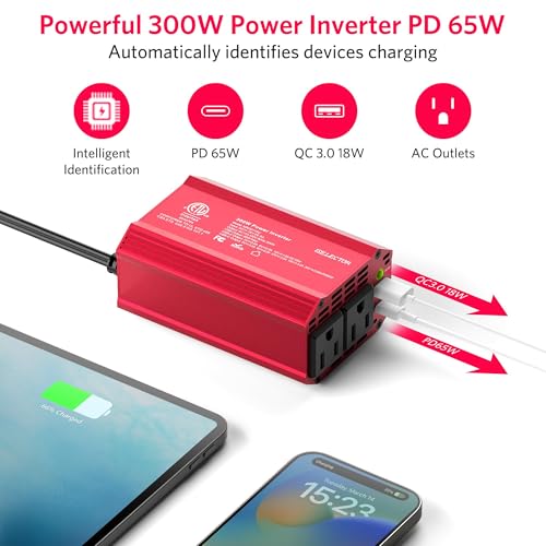 300W Power Inverter DC 12V to 110V AC Car Outlet Adapter with USB-C[PD65W] & USB-A[QC18W] Fast Charging Ports and Dual AC Outlets Car Power Inverter for Phone, Laptop on Road Trip (Red) (Red)