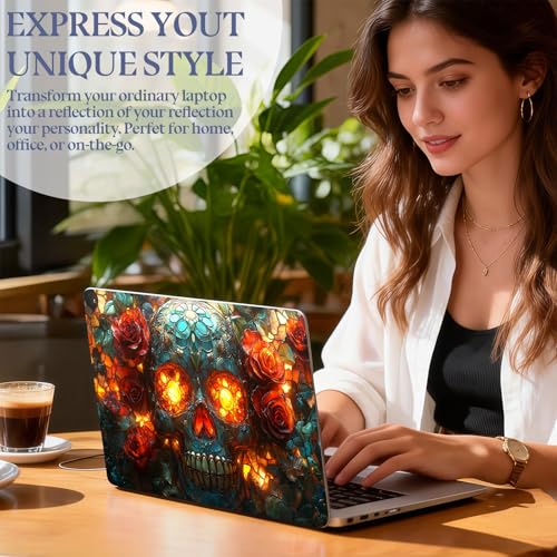 Universal Laptop Skin Sticker Decal,15.6 Inch Laptop Vinyl Cover for 13" 14" 15.6" Laptop,Scratch-Resistant Waterproof Protector Wrap,Reusable with Wrist Pads,Stained Glass Skull Roses - color: Stained Glass Skull Roses
