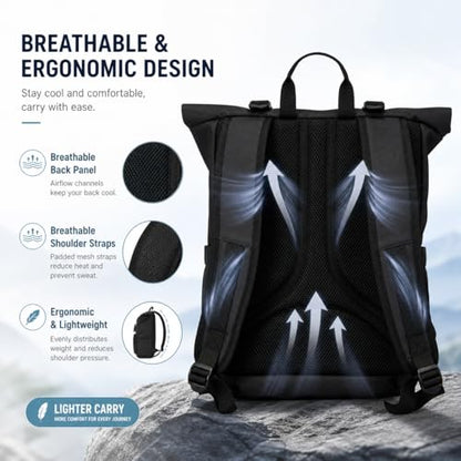 Roll Top Laptop Backpacks for Men & Women, Anti-Theft Travel Backpack Fits 15.6-17.3 Inch Laptop, Water-Resistant Durable Computer Bag for Work, College & Daily Commute (Black) - color: Black