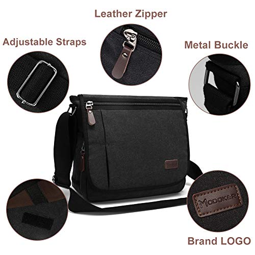 Modoker Messenger Bag for Men, 13 Inches Laptop Satchel Bags, Canvas Shoulder Bag with Bottle Pocket - color: Black