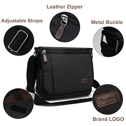 Modoker Messenger Bag for Men, 13 Inches Laptop Satchel Bags, Canvas Shoulder Bag with Bottle Pocket - color: Black